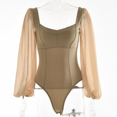 Solid v neck long sleeve mesh backless bodysuit-final-sale