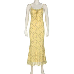 U neck ruffle mesh flower print cami maxi dress
