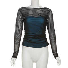 Long sleeve ruched mesh patchwork top