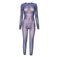 Long sleeve crewneck body print zip-up sheer mesh jumpsuit-final-sale
