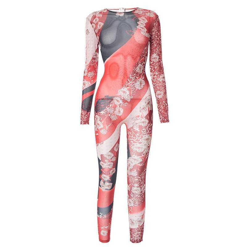 Contrast print zip-up long sleeve sheer mesh see through jumpsuit