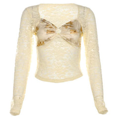 Long sleeve lace ruched print o ring hollow out cut out top