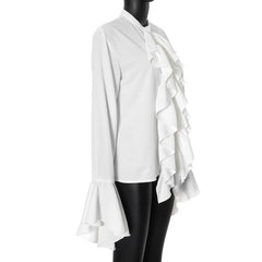 Long flared sleeve ruched ruffle button solid top-final-sale