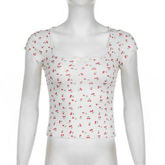 Cap sleeve textured cherry print bowknot lace hem top