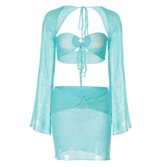 Long sleeve hollow out shrug 3 piece mini skirt set