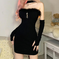 Halter solid hollow out feather gloves cut out mini dress