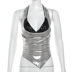 Halter metallic glitter cowl neck ruched 2 piece top