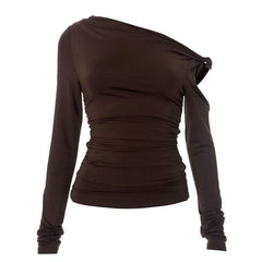 Irregular long sleeve hollow out ruched one shoulder cut out top-final-sale