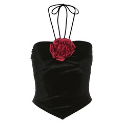 Halter velvet flower applique backless top
