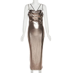 Metallic ruched backless patchwork solid midi dress- Final Sale