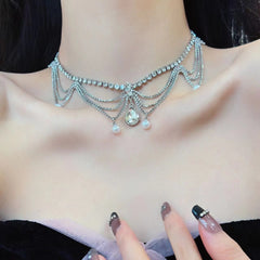 Layered rhinestone pendant choker necklace