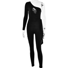 One shoulder hollow out irregular solid zip-up jumpsuit-final-sale