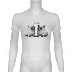 Short sleeve crewneck cats print top