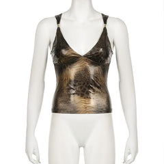Leopard print v neck metallic cross back cami top