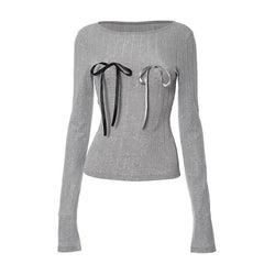 Bowknot applique contrast long sleeve round neck top-final-sale