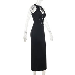 Self tie hollow out crewneck slit solid cut out midi dress