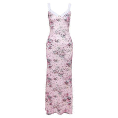 Ruched flower print contrast sleeveless v neck maxi dress-final-sale