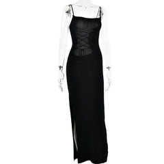 Lace up square neck slit solid backless cami maxi dress-final-sale