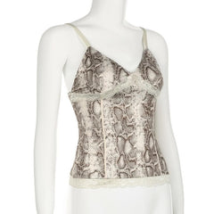 Snake print v neck lace hem cami top