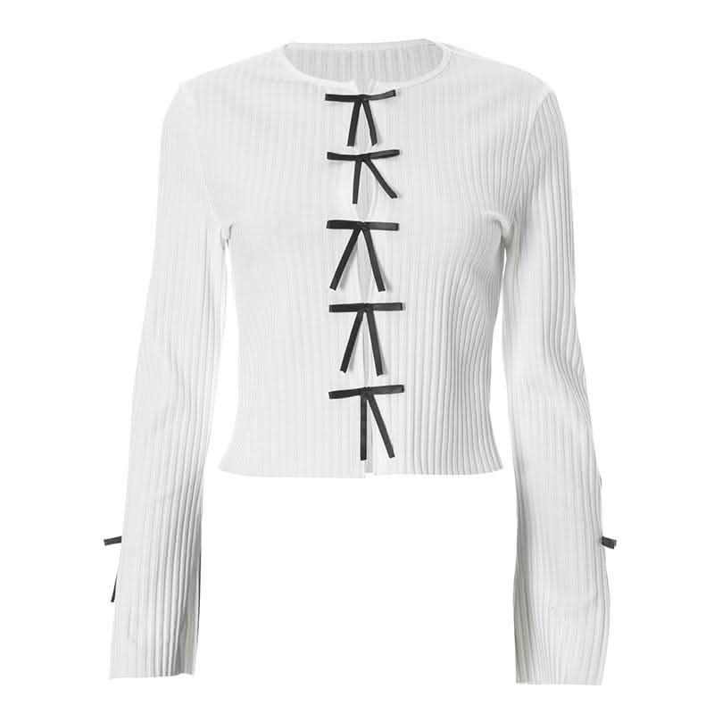 Long sleeve slit hollow out bowknot textured cut out top-final-sale