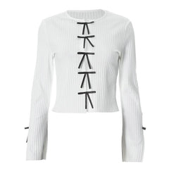 Long sleeve slit hollow out bowknot textured cut out top-final-sale