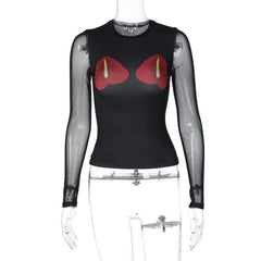 Long sleeve mesh crewneck flower pattern patchwork top-final-sale