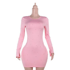 Crewneck long sleeve beaded backless mini dress-final-sale