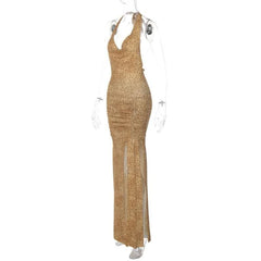 Halter cowl neck print high slit ruched maxi dress-final-sale
