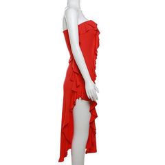 Ruffle high slit ruched irregular solid tube midi dress-final-sale