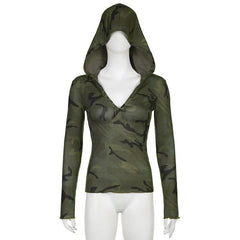 Camouflage contrast hoodie button long sleeve top-final-sale