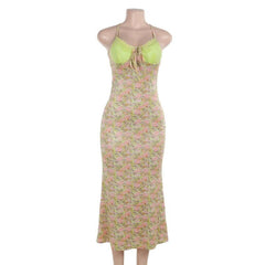 Sweetheart neck lace flower print knotted cami maxi dress
