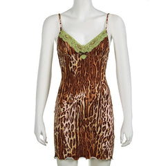 Leopard print lace hem bowknot cami mini dress