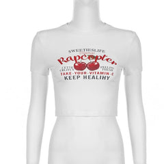 Short sleeve cherry print ribbed crop top