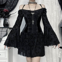 Off shoulder long flared sleeve velvet mini dress