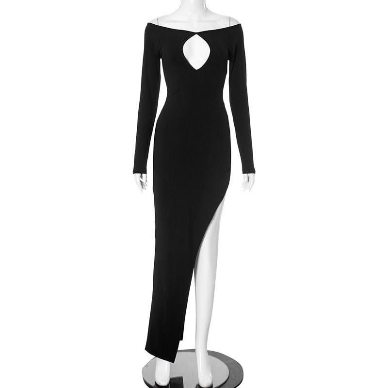Off shoulder long sleeve hollow out slit cut out maxi dress
