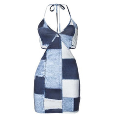Halter patchwork denim hollow out cut out mini dress-final-sale