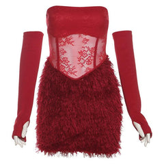 Fluffy flower print gloves backless tube mini dress