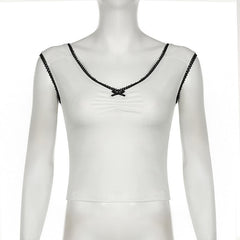 V neck bowknot ruched lace hem top