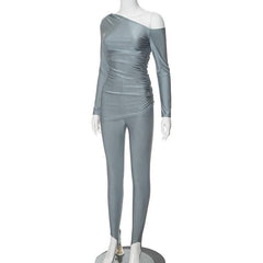 Ruched off shoulder long sleeve irregular solid pant set-final-sale