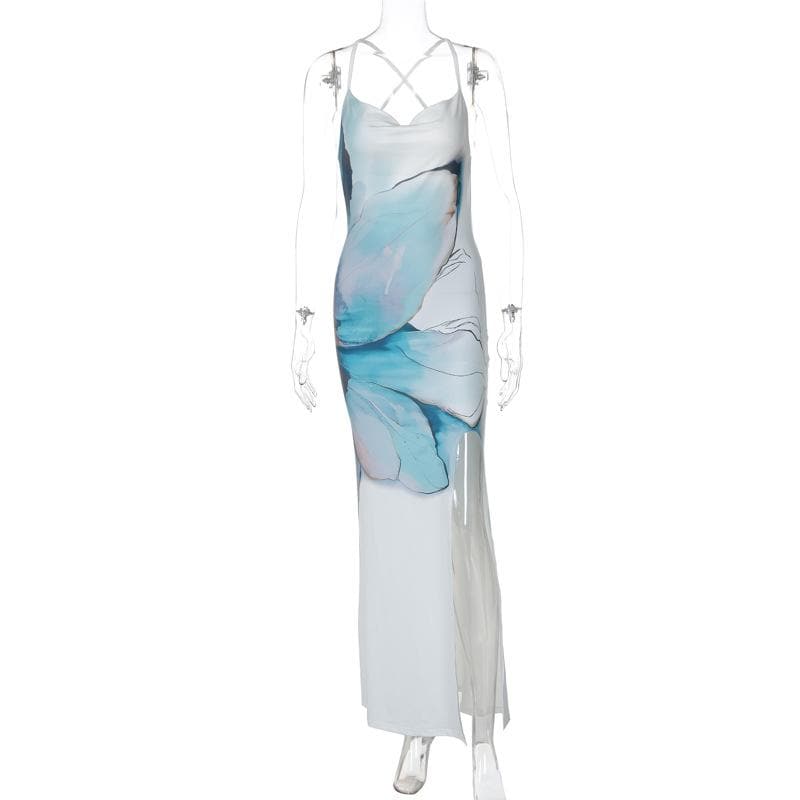 Print cowl neck slit cross back cami maxi dress