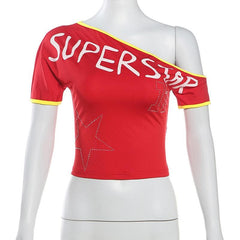 Short sleeve one shoulder “super starâ€?print top