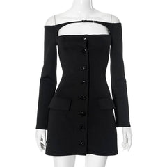 Off shoulder long sleeve button hollow out cut out mini dress