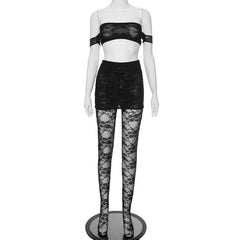 Off shoulder lace see through solid pant set-final-sale