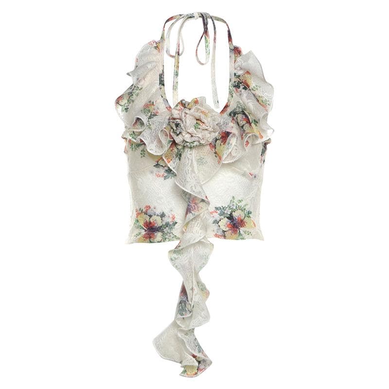 Halter ruffle u neck flower applique print top