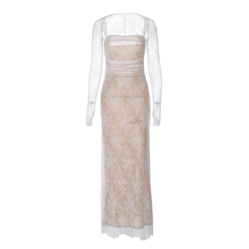 Long sleeve lace zip-up ruched shrug cami maxi dress-final-sale