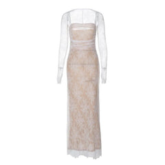 Long sleeve lace zip-up ruched shrug cami maxi dress-final-sale