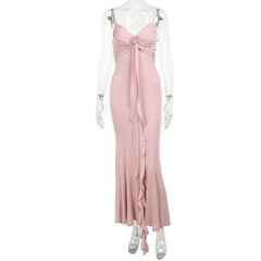 Rose applique ruched ruffle cami midi dress