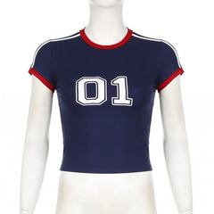Short sleeve stitch numeral print top