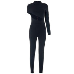 Hollow out irregular long sleeve high neck solid jumpsuit-final-sale