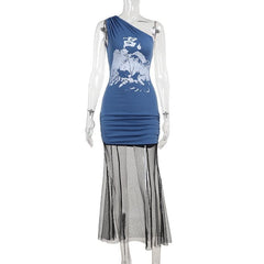 One shoulder mesh patchwork print ruched midi dress